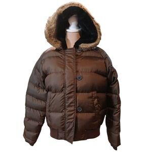 Polo Jeans Co Ralph Lauren Brown Down Puffer Jacket Faux Fur Hood Womens Medium